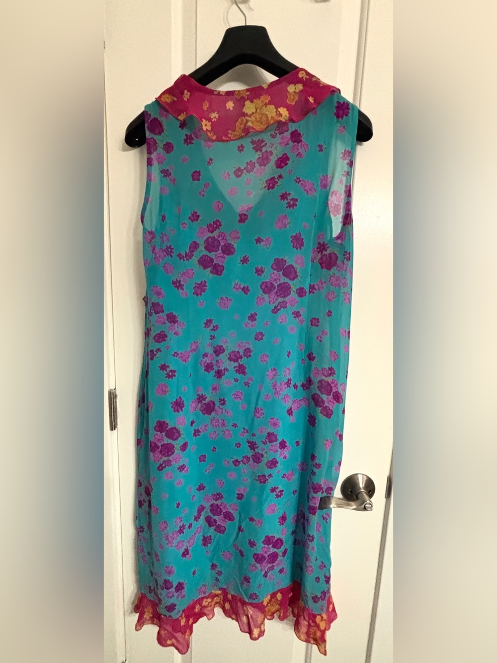 00s Vintage Silk Johnny Was Turquoise Dress with Fuchsia Floral Print Size Large - Picture 2 of 4